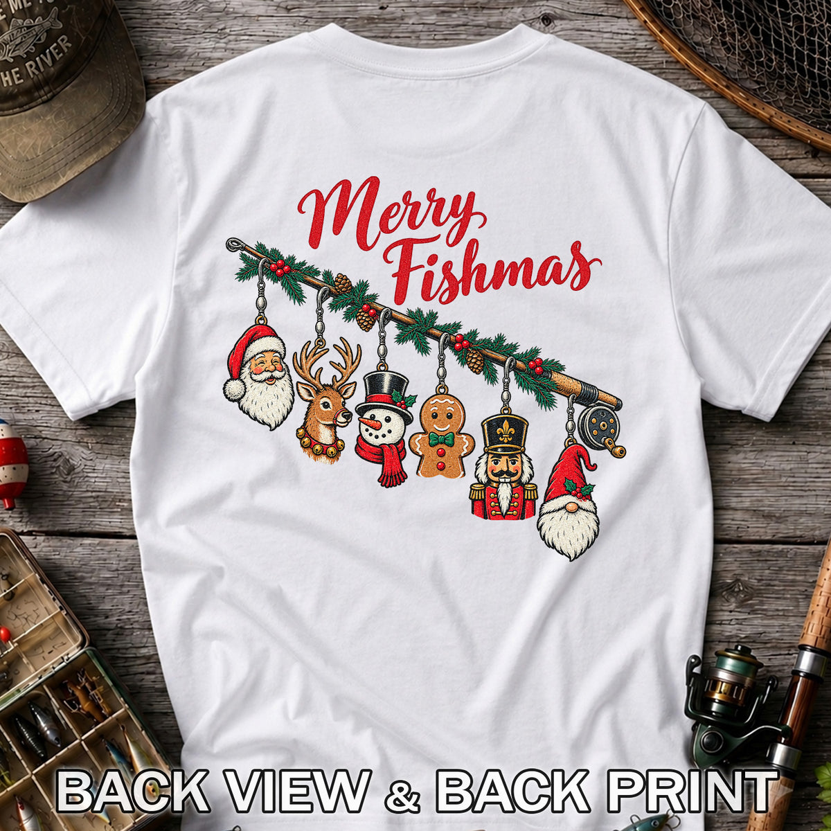 Christmas Fishing Rod Ornaments Holiday Graphic T-Shirt | Back Print