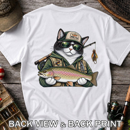Cat Holding Rainbow Trout Fishing Graphic T-Shirt | Back Print