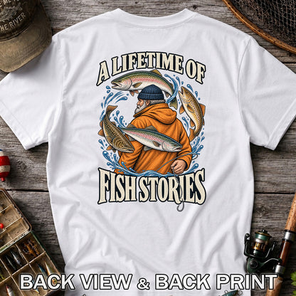 A Lifetime of Fish Stories Angler and Trout Fishing Graphic T-Shirt | Back Print