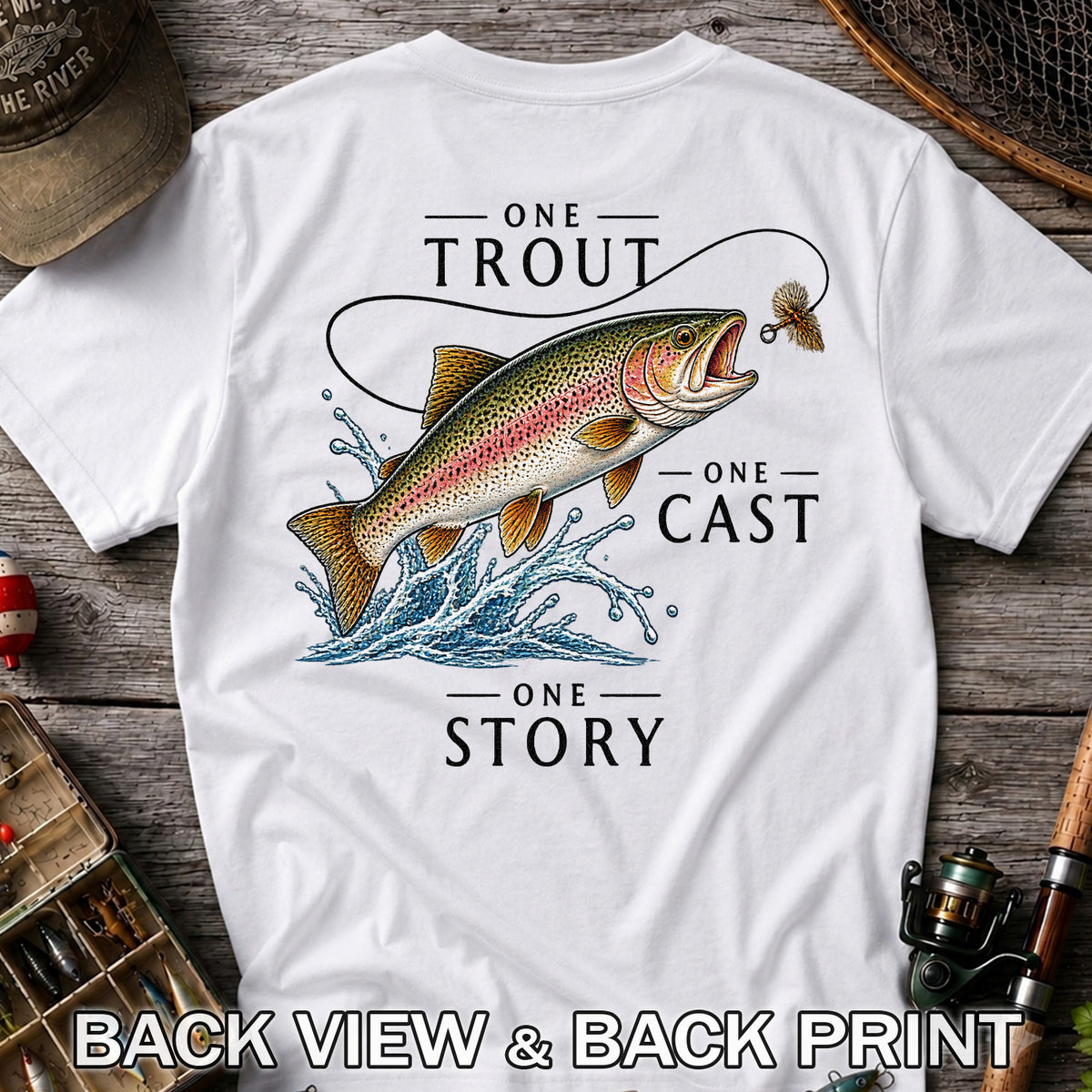 One Trout One Cast One Story Rainbow Trout Fly Fishing T-Shirt | Back Print