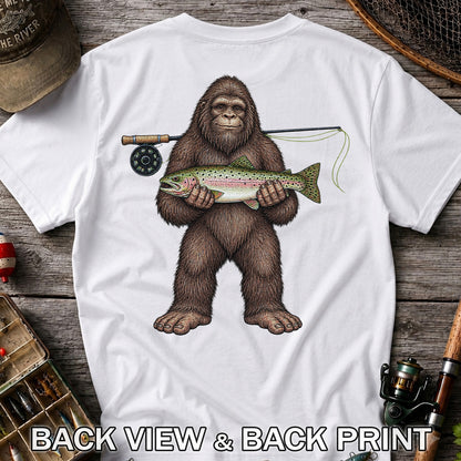 Bigfoot Holding Rainbow Trout Fly Fishing Graphic T-Shirt | Back Print