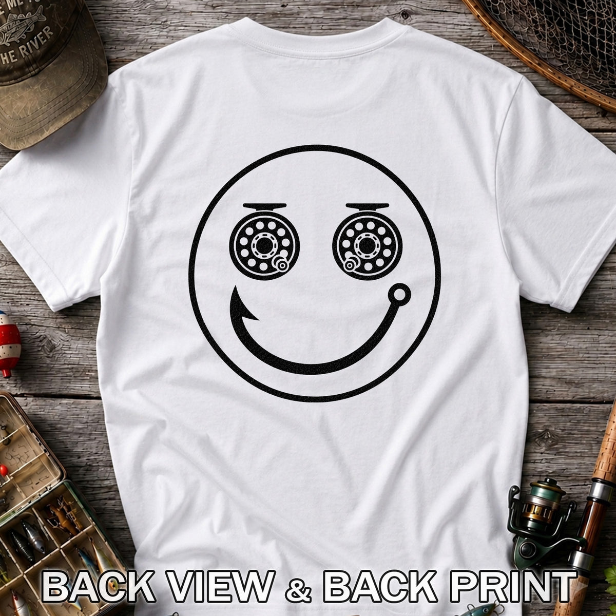 Fishing Reel Eyes Smiley Face Minimalist Graphic T-Shirt | Back Print