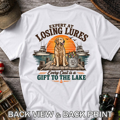 Expert at Losing Lures Golden Retriever Funny Fishing T-Shirt | Back Print