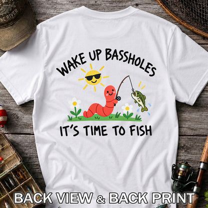 Wake Up Bassholes Funny Worm and Bass Fishing Graphic T-Shirt | Back Print