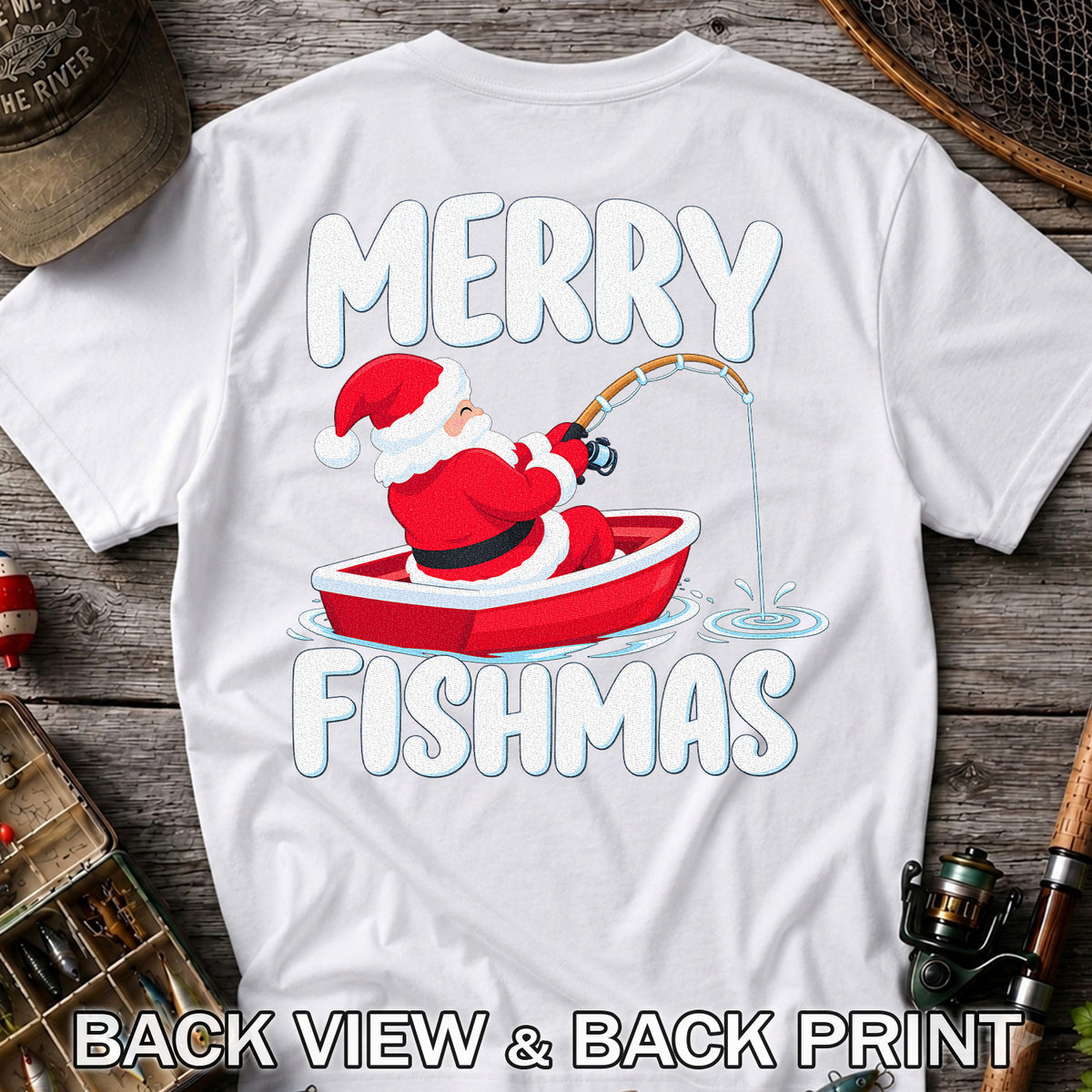 Santa Claus Boat Fishing Christmas Graphic T-Shirt | Back Print