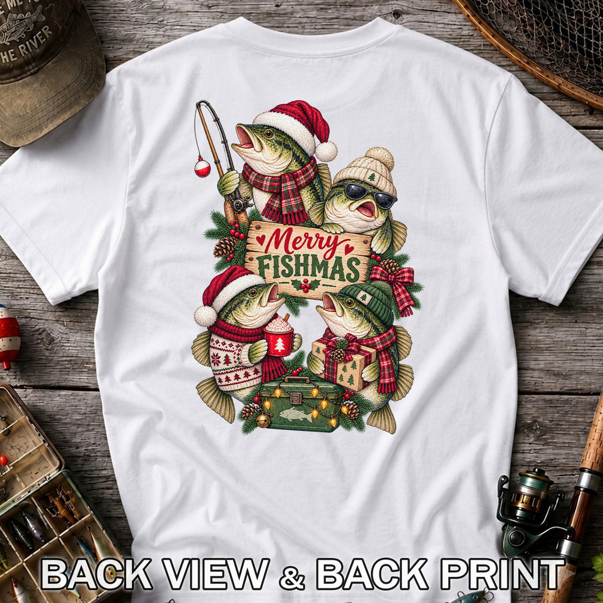 Merry Fishmas Bass Christmas Fishing Graphic T-Shirt | Back Print