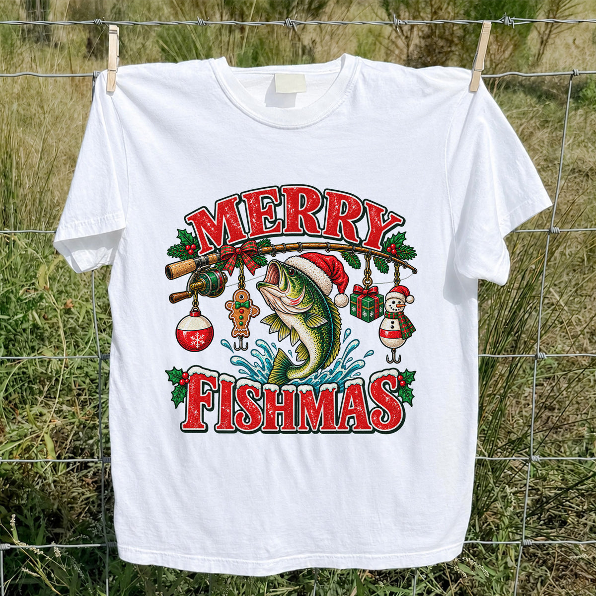 Merry Fishmas Santa Bass Christmas Fishing Graphic T-Shirt