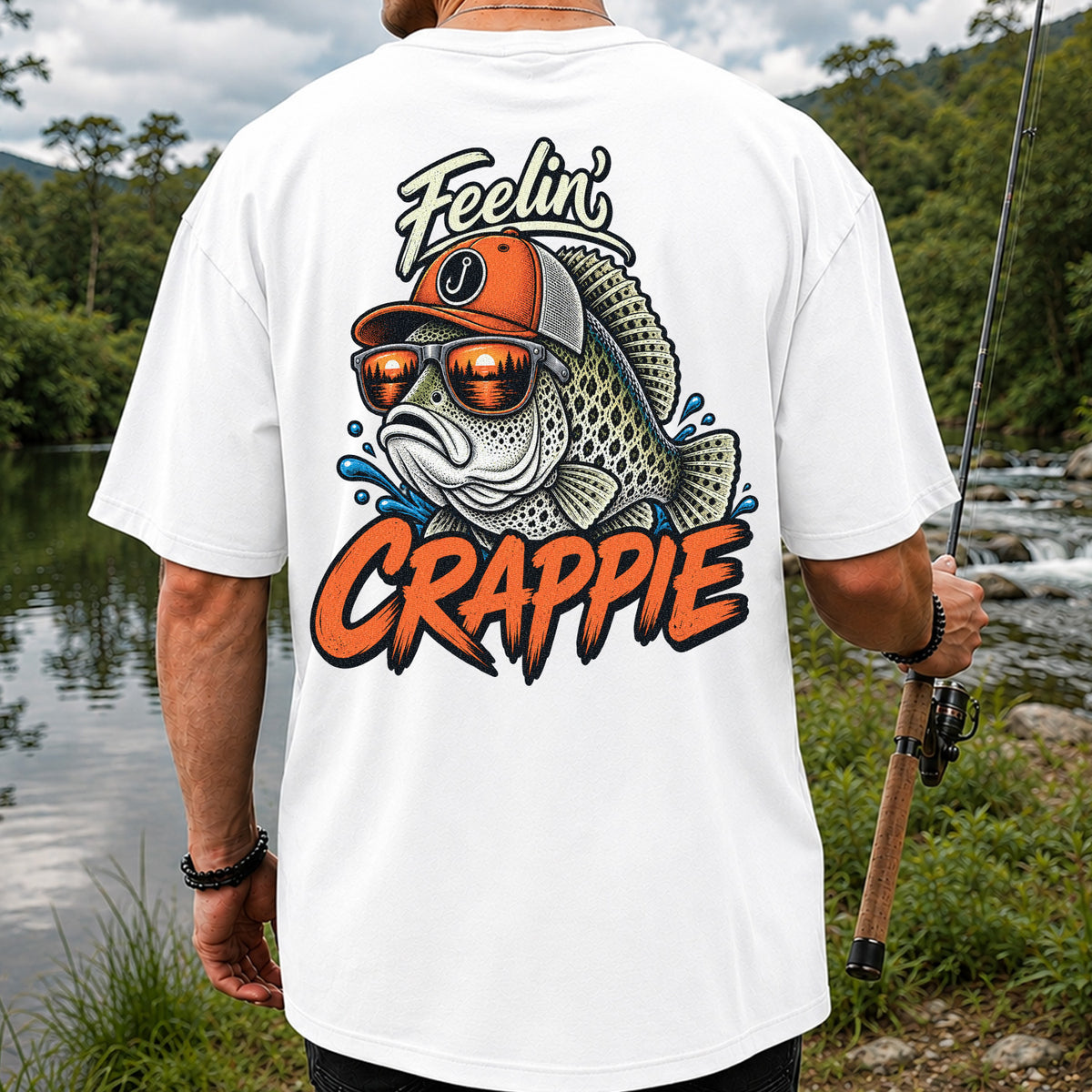 Feelin' Crappie Funny Fishing T-Shirt with Fish in Sunglasses | Back Print