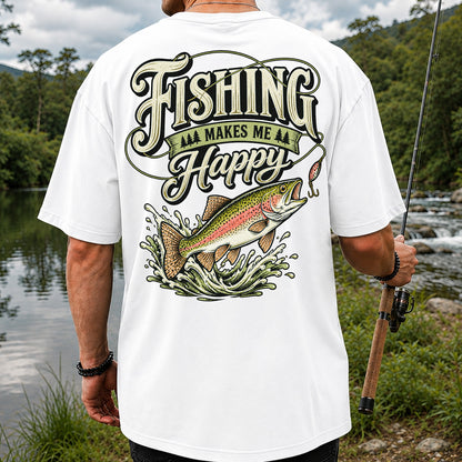Fishing Makes Me Happy Rainbow Trout Vintage Graphic T-Shirt | Back Print