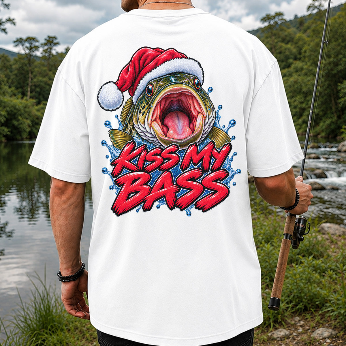 Kiss My Bass Santa Hat Funny Christmas Fishing T-Shirt | Back Print