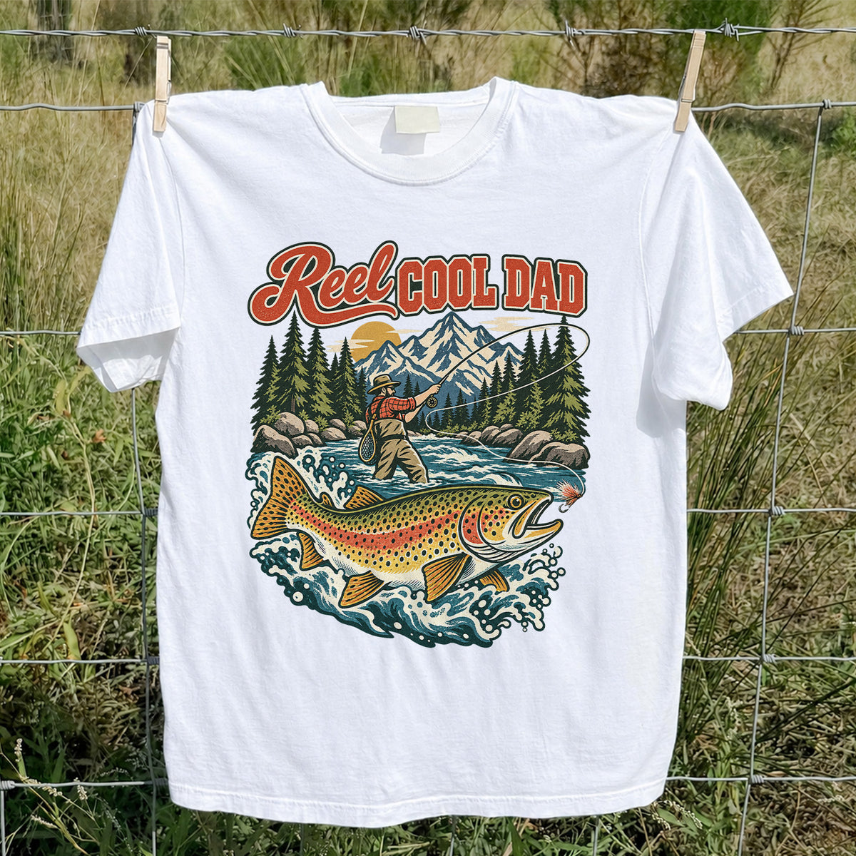 Reel Cool Dad Rainbow Trout Fly Fishing Graphic T-Shirt