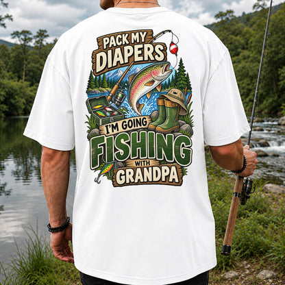 Pack My Diapers I'm Going Fishing With Grandpa Rainbow Trout T-Shirt | Back Print