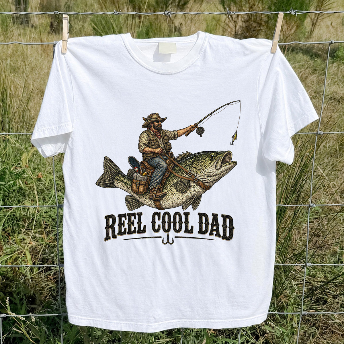 Reel Cool Dad Cowboy Riding a Bass Fishing Graphic T-Shirt