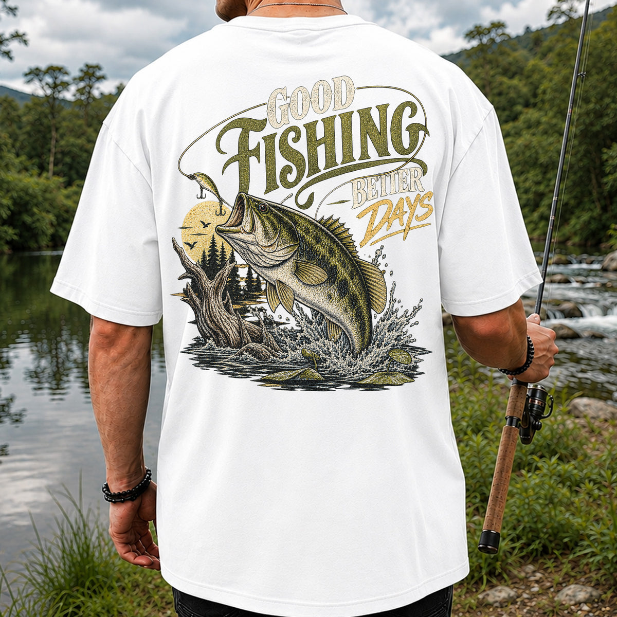 Good Fishing Better Days Largemouth Bass Graphic T-Shirt | Back Print