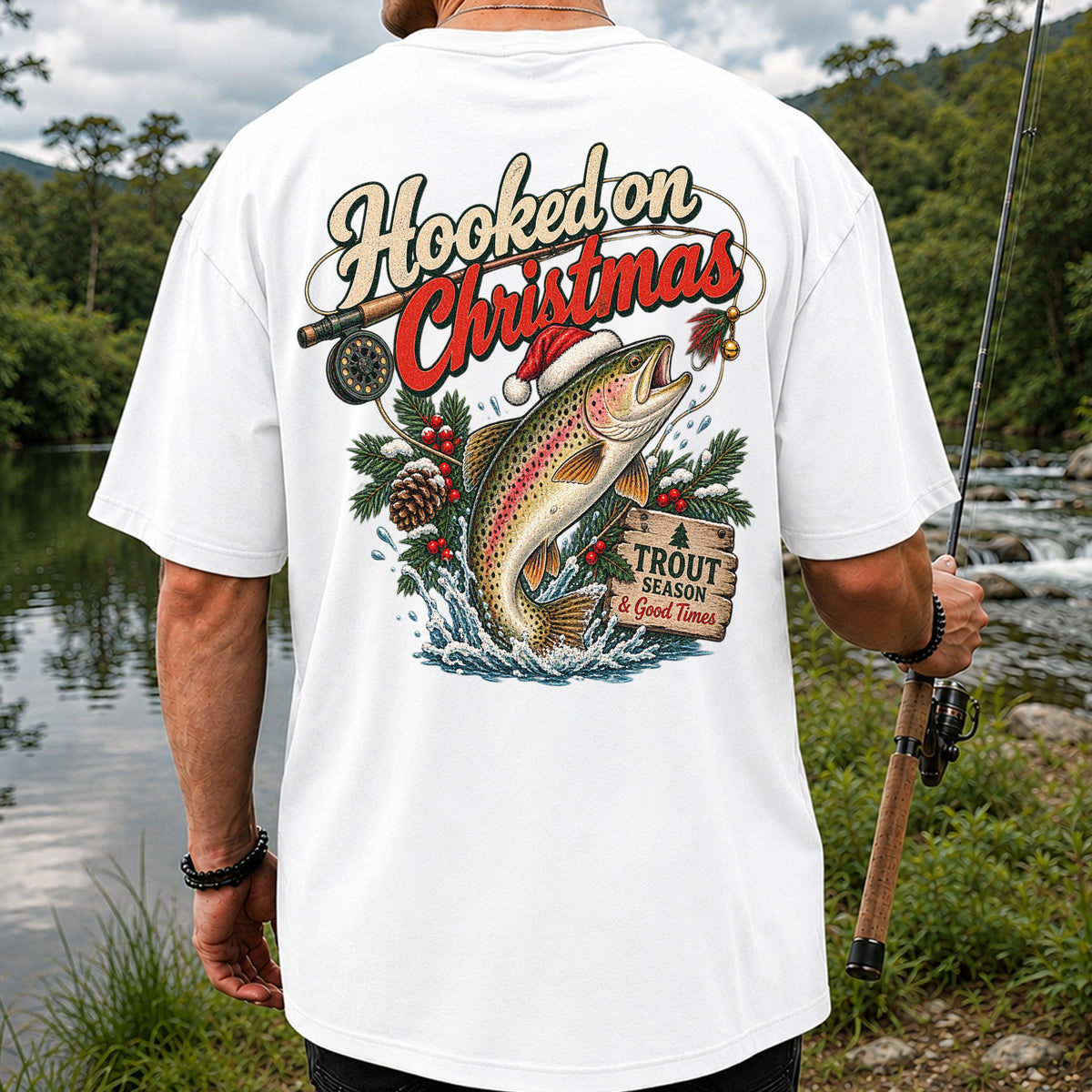 Hooked on Christmas Rainbow Trout in Santa Hat Fishing T-Shirt | Back Print