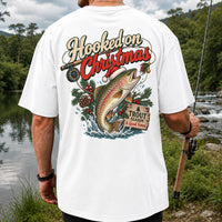 Hooked on Christmas Rainbow Trout in Santa Hat Fishing T-Shirt | Back Print