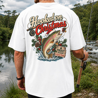 Hooked on Christmas Rainbow Trout in Santa Hat Fishing T-Shirt | Back Print