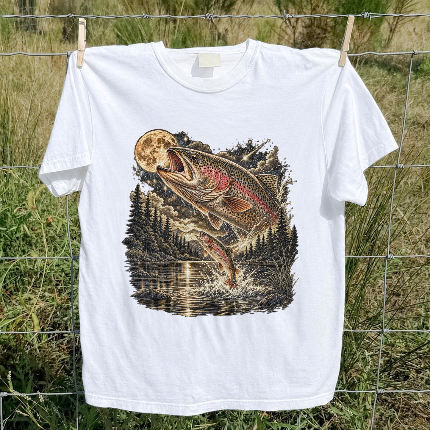 Moonlit Rainbow Trout Jumping from Mountain Lake Graphic T-Shirt