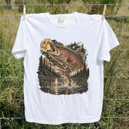 Moonlit Rainbow Trout Jumping from Mountain Lake Graphic T-Shirt