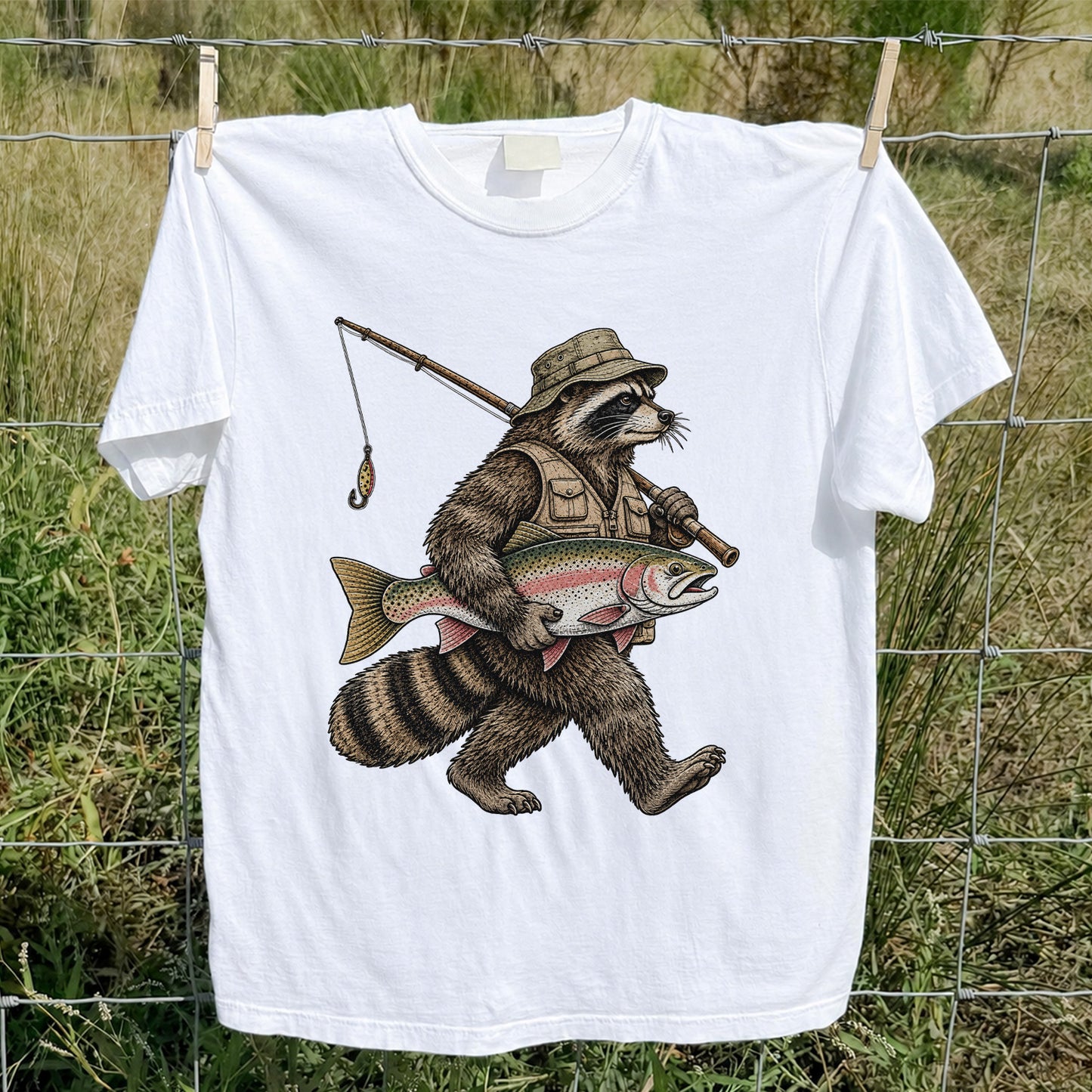 Raccoon Angler Holding Rainbow Trout Fishing Graphic T-Shirt