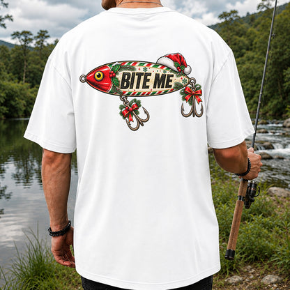Bite Me Christmas Fishing Lure Funny Graphic T-Shirt | Back Print