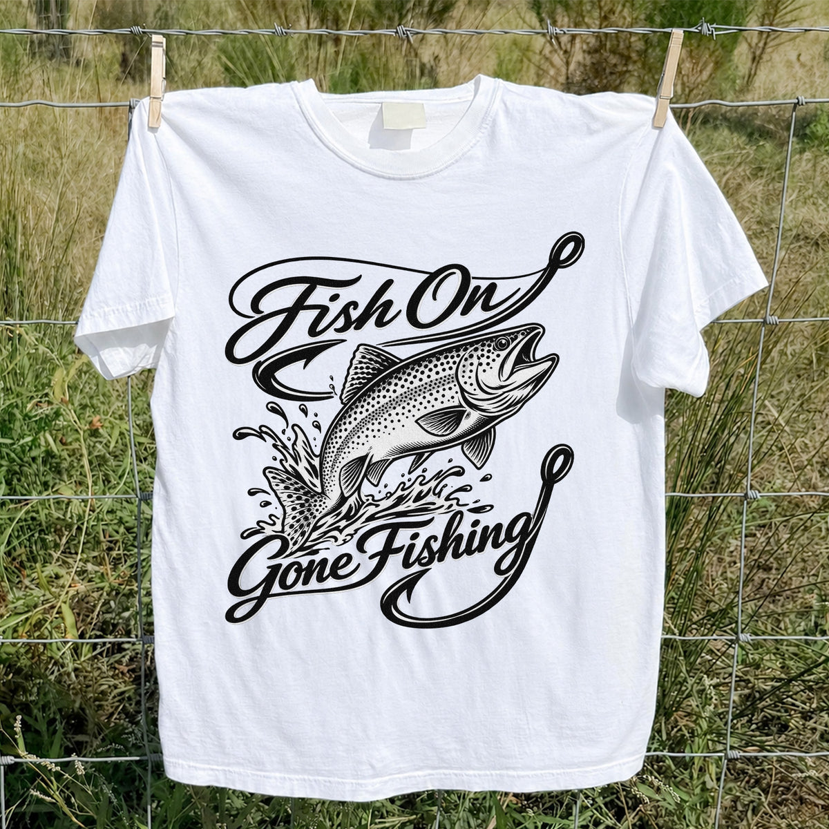 Fish On Gone Fishing Jumping Trout Graphic T-Shirt