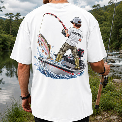 Personalized Boy Fishing Boat and Rainbow Trout Graphic T-Shirt | Back Print