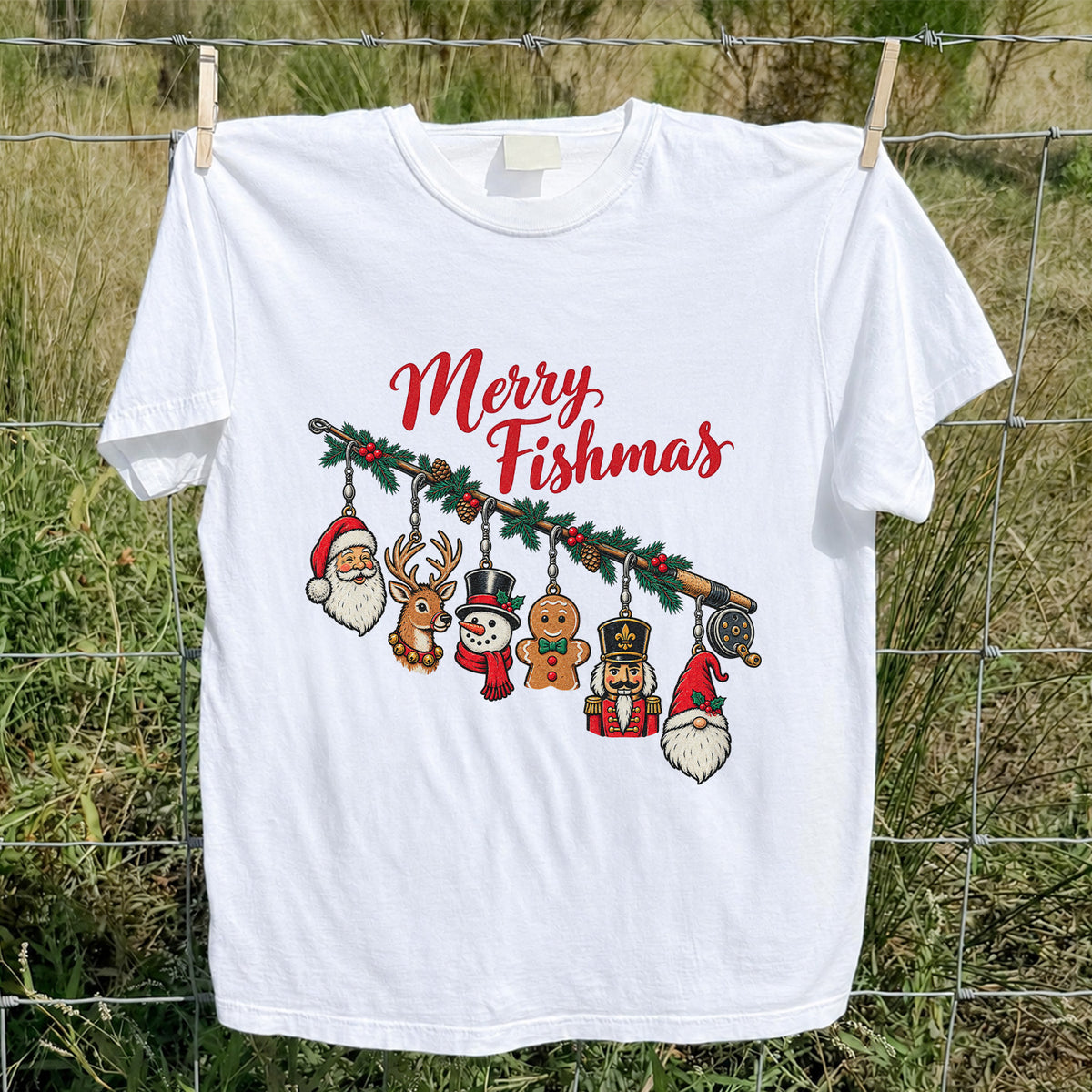Christmas Fishing Rod Ornaments Holiday Graphic T-Shirt