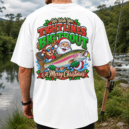 We Wish You Tight Lines Big Trout & a Merry Christmas Santa and Reindeer Fishing T-Shirt | Back Print