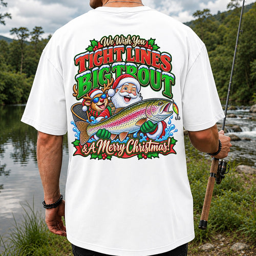 We Wish You Tight Lines Big Trout & a Merry Christmas Santa and Reindeer Fishing T-Shirt | Back Print