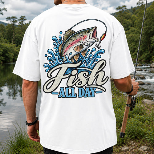 Fish All Day Jumping Rainbow Trout Fishing Graphic T-Shirt | Back Print