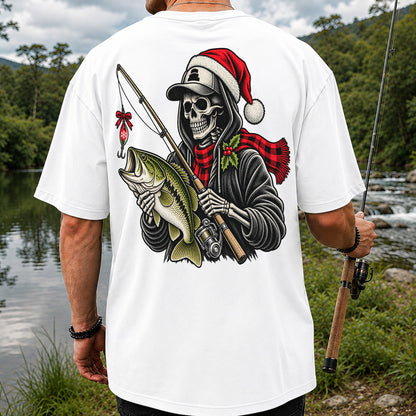 Christmas Skeleton Angler with Santa Hat and Bass Fishing T-Shirt | Back Print