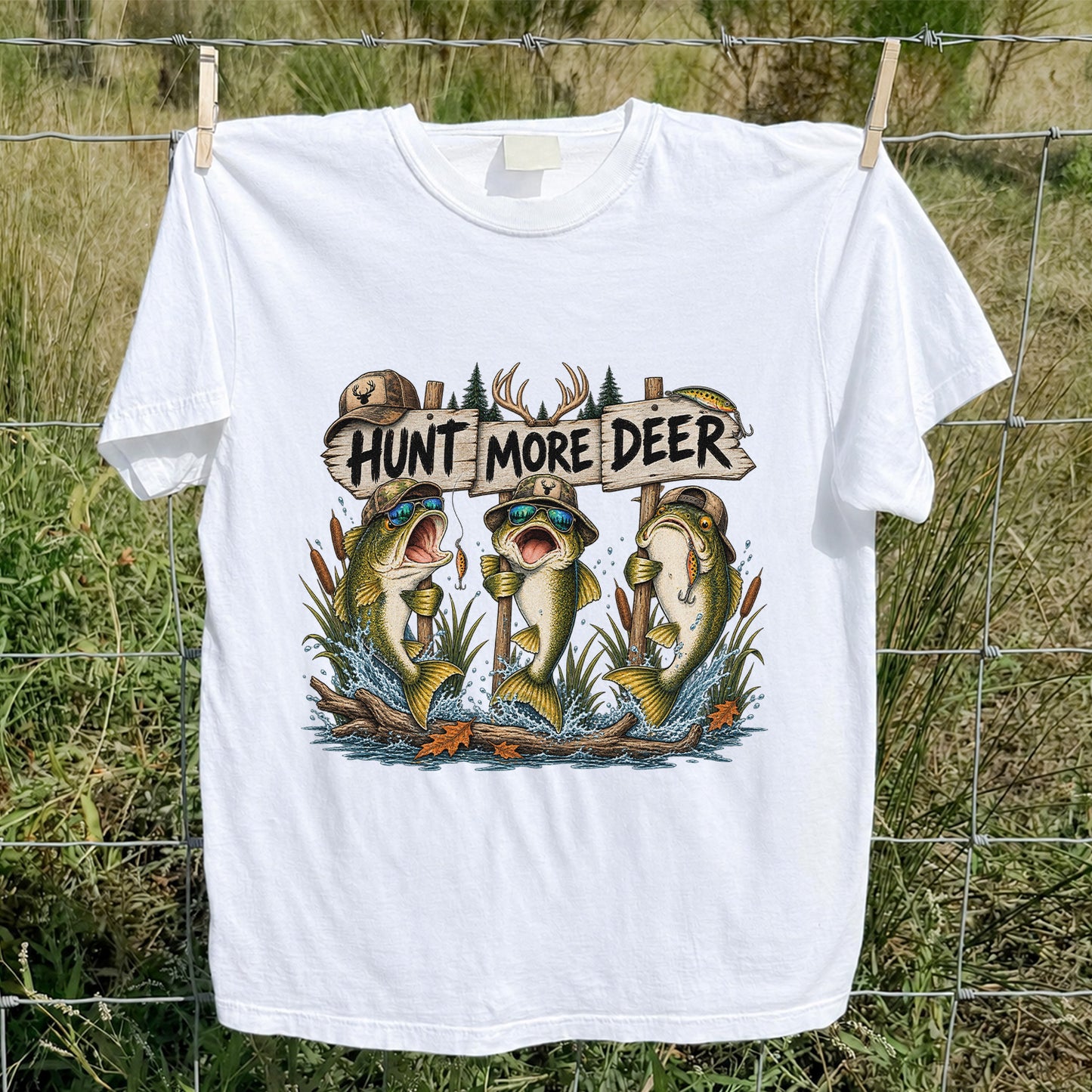 Hunt More Deer Funny Bass Fishing Graphic T-Shirt