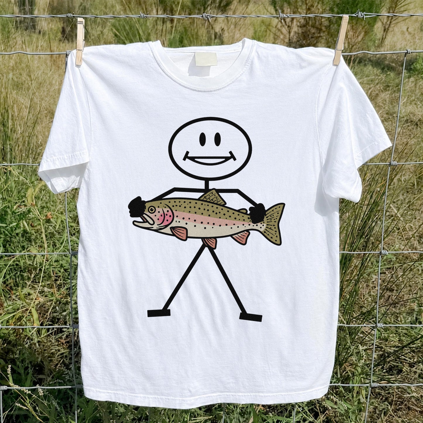 Stick Figure Holding a Rainbow Trout Fishing T-Shirt