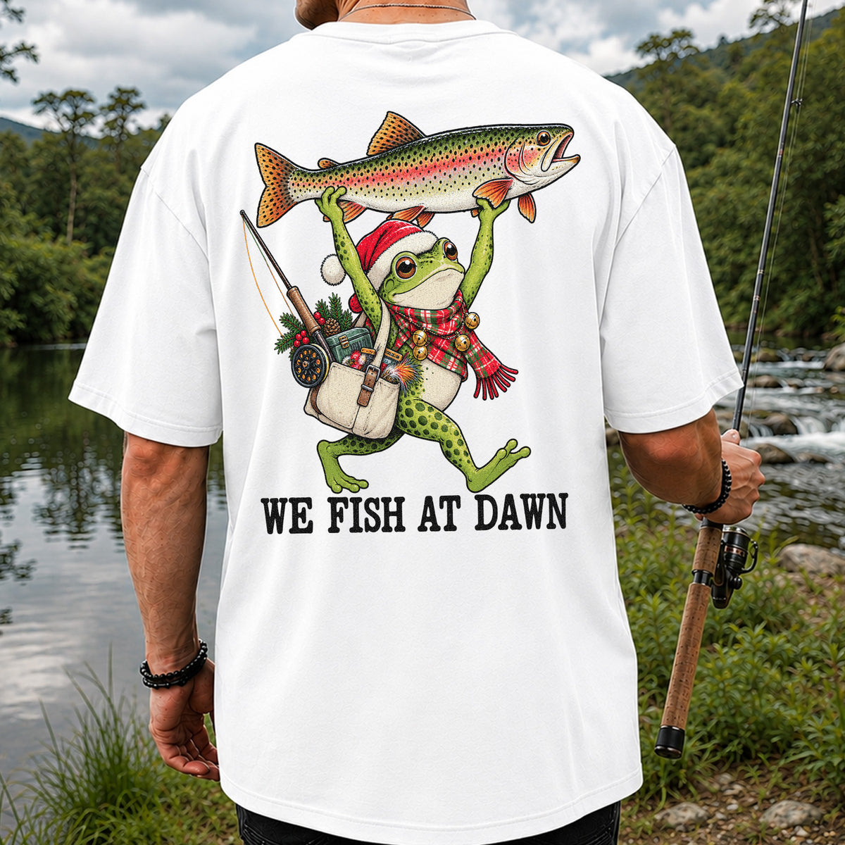 Frog Holding Rainbow Trout Fishing at Dawn Graphic T-Shirt | Back Print