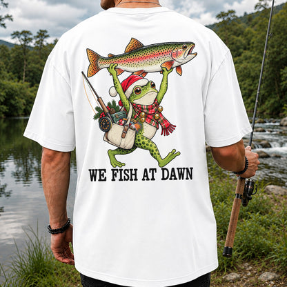 Frog Holding Rainbow Trout Fishing at Dawn Graphic T-Shirt | Back Print