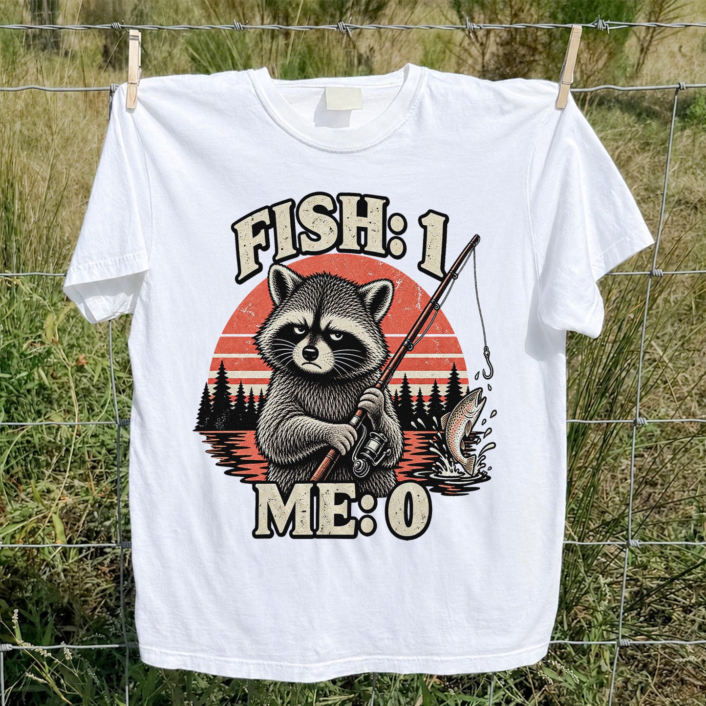 Fish: 1 Me: 0 Funny Raccoon Trout Fishing T-Shirt