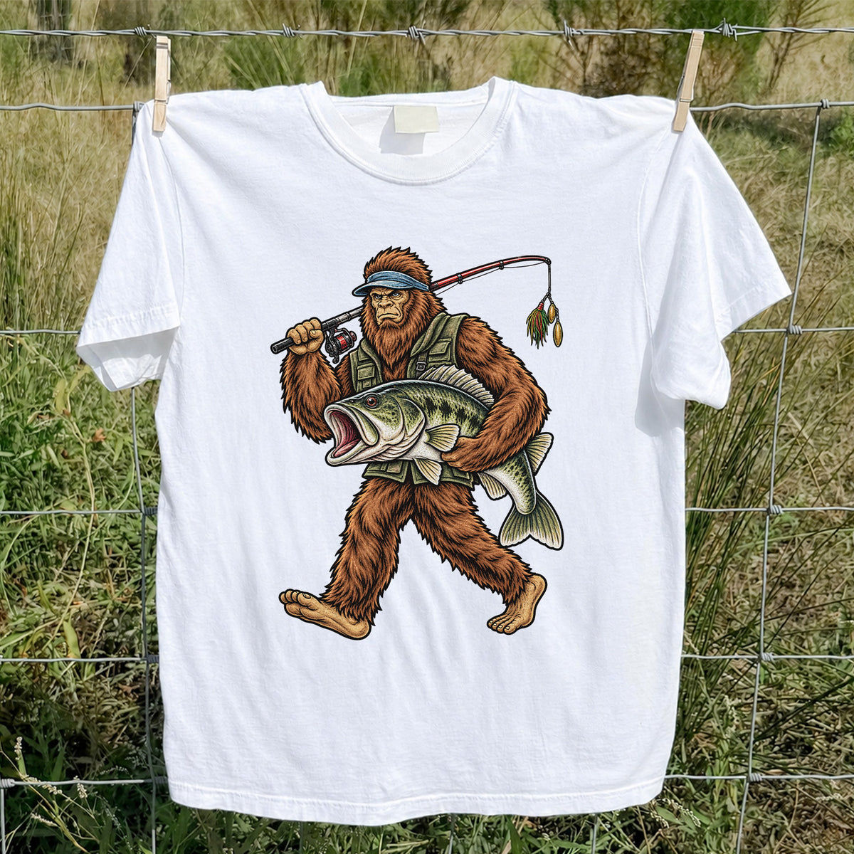 Bigfoot Holding a Largemouth Bass Fishing Graphic T-Shirt