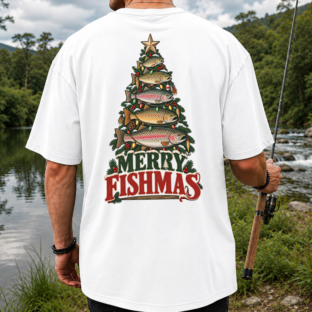 Merry Fishmas Trout Christmas Tree Fishing T-Shirt | Back Print