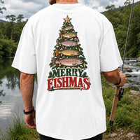 Merry Fishmas Trout Christmas Tree Fishing T-Shirt | Back Print