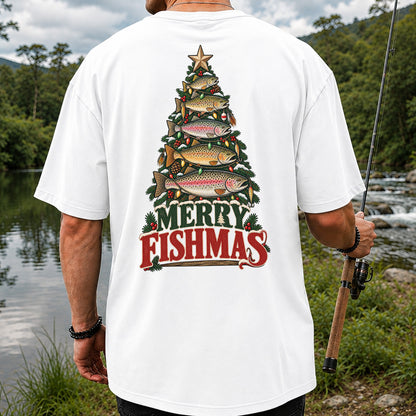 Merry Fishmas Trout Christmas Tree Fishing T-Shirt | Back Print