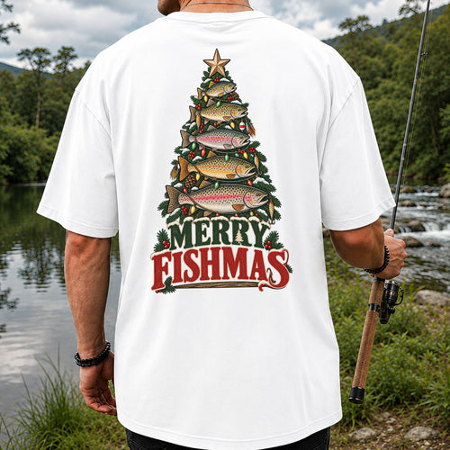 Merry Fishmas Trout Christmas Tree Fishing T-Shirt | Back Print
