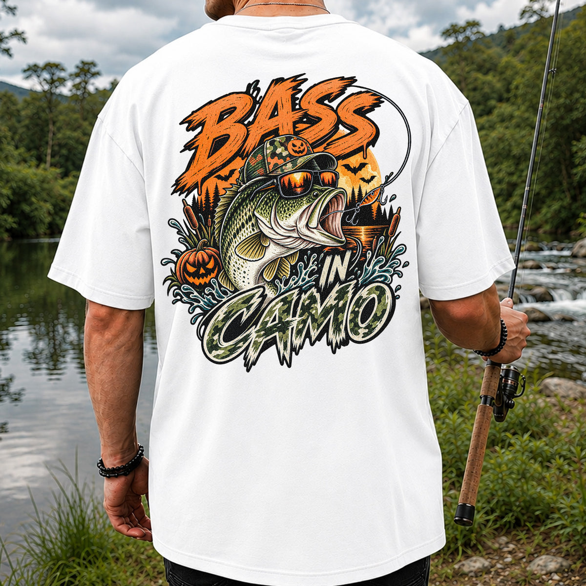 Bass in Camo Halloween Pumpkin Bass Fishing Graphic T-Shirt | Back Print