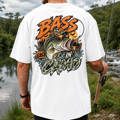 Bass in Camo Halloween Pumpkin Bass Fishing Graphic T-Shirt | Back Print