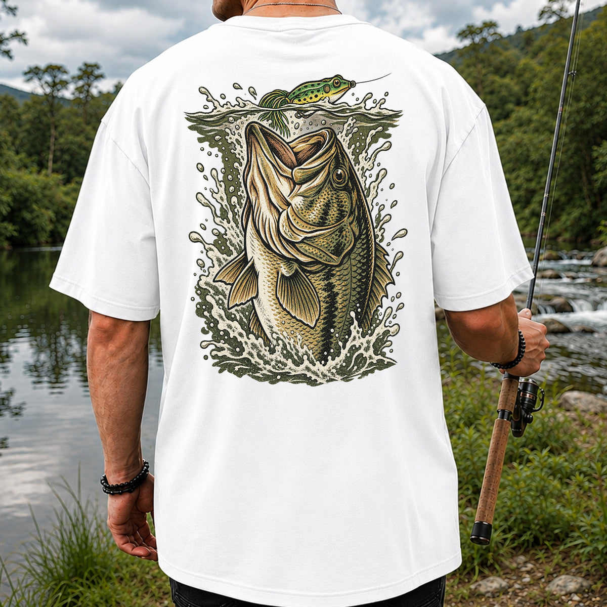 Largemouth Bass Striking a Frog Lure Fishing Graphic T-Shirt | Back Print