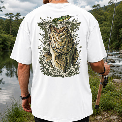 Largemouth Bass Striking a Frog Lure Fishing Graphic T-Shirt | Back Print