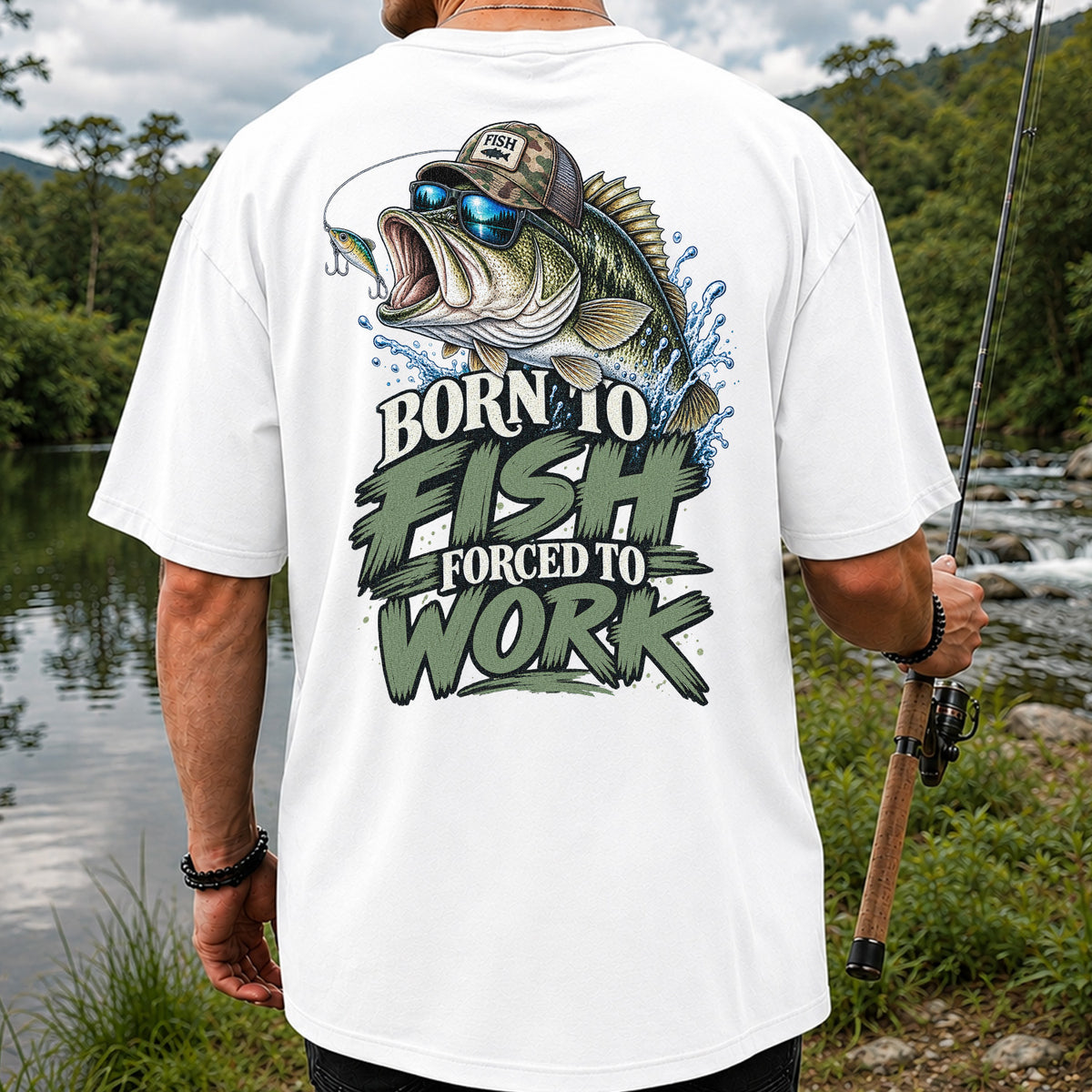 Born to Fish Forced to Work Bass Graphic T-Shirt | Back Print