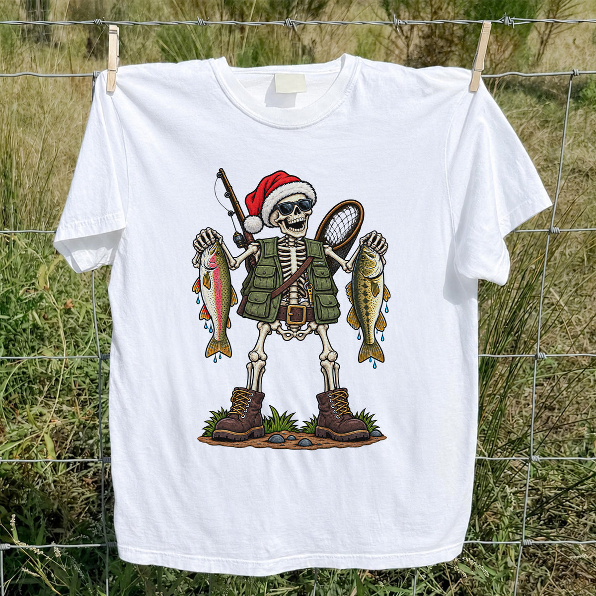 Santa Hat Skeleton Holding Trout and Bass Christmas Fishing T-Shirt