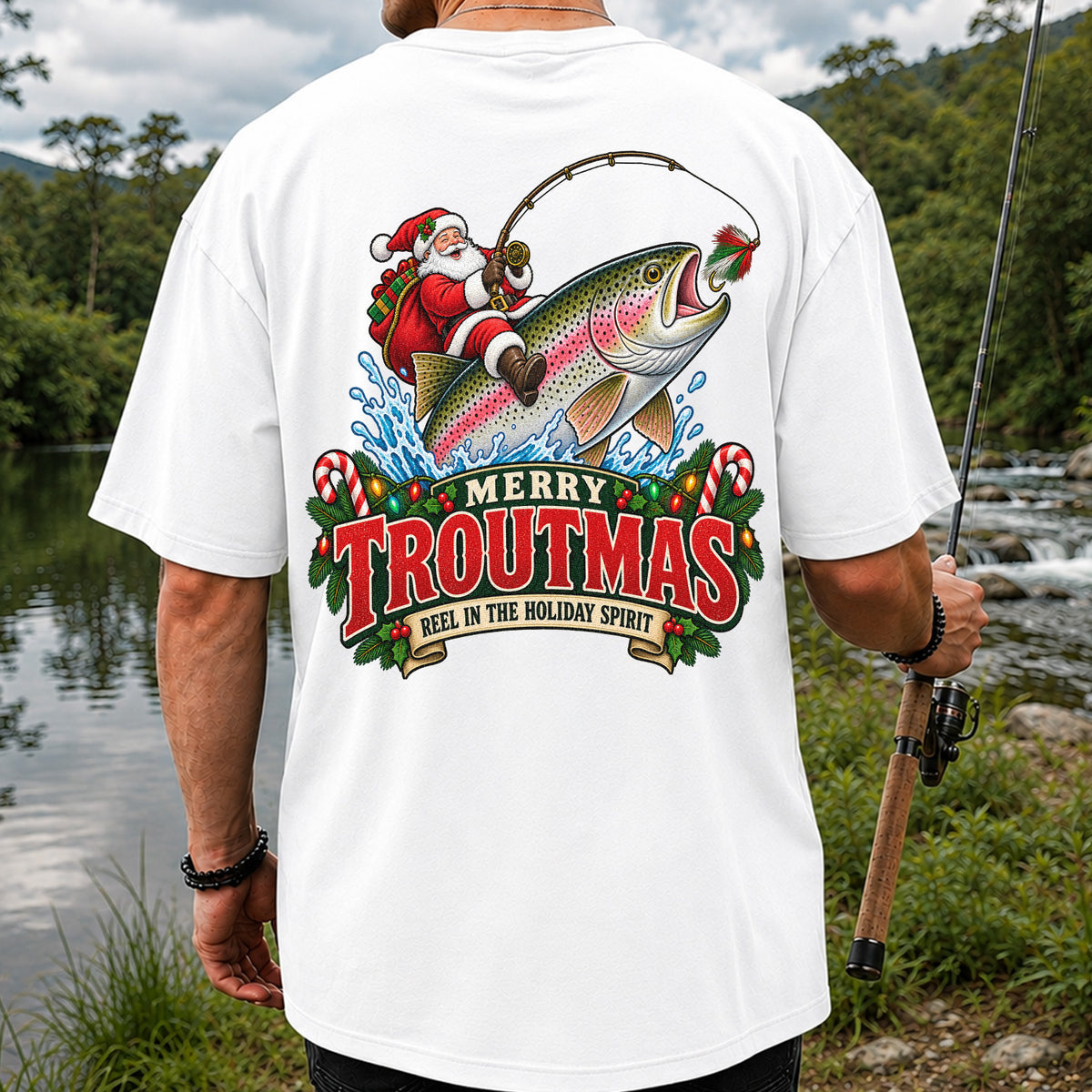 Merry Troutmas Reel in the Holiday Spirit Santa Riding Rainbow Trout Christmas Fishing T-Shirt | Back Print