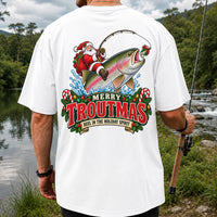 Merry Troutmas Reel in the Holiday Spirit Santa Riding Rainbow Trout Christmas Fishing T-Shirt | Back Print